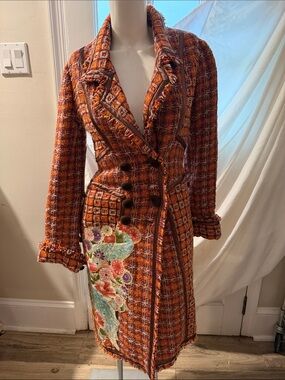 Women's Orange Tweed Embroidered Long Coat